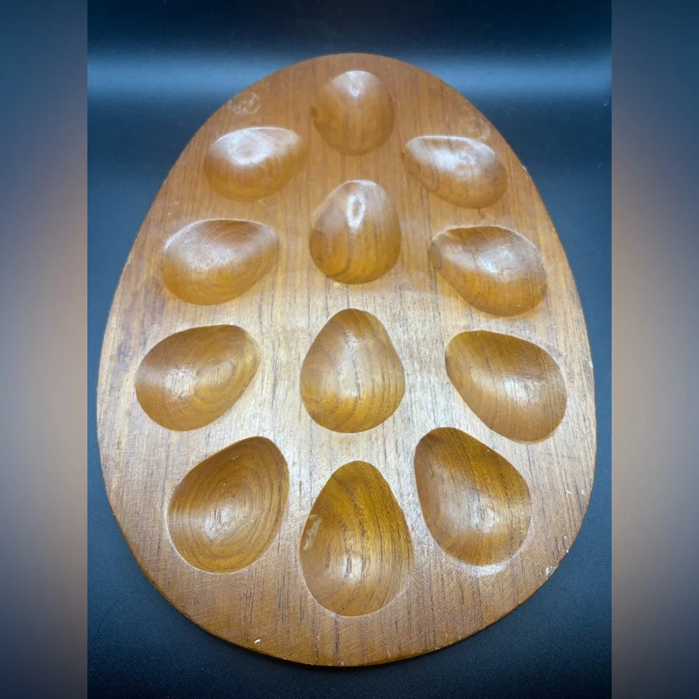 Vintage Handmade Wooden Egg Shaped Deviled Egg Dish Plate Server Serveware Decor